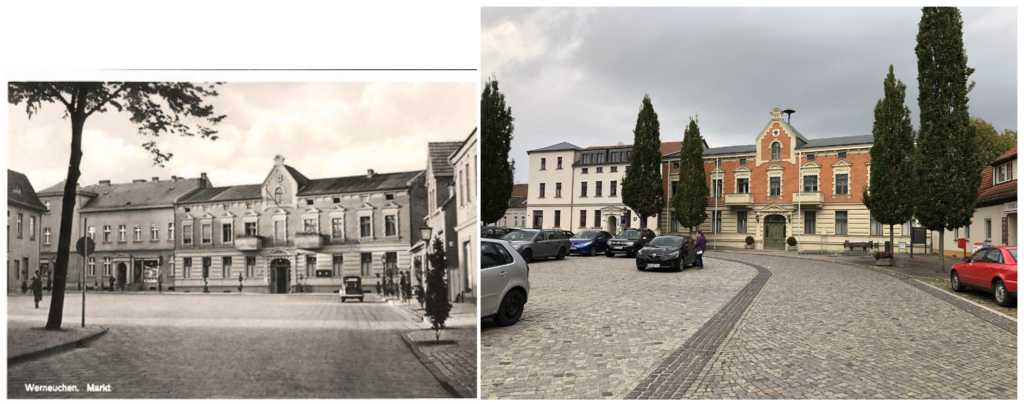 Der Marktplatz und Rathaus von Werneuchen. Ansicht 1940 und 2021. (Fotonachweis: Karl Pohl/ MSc, PepComm)